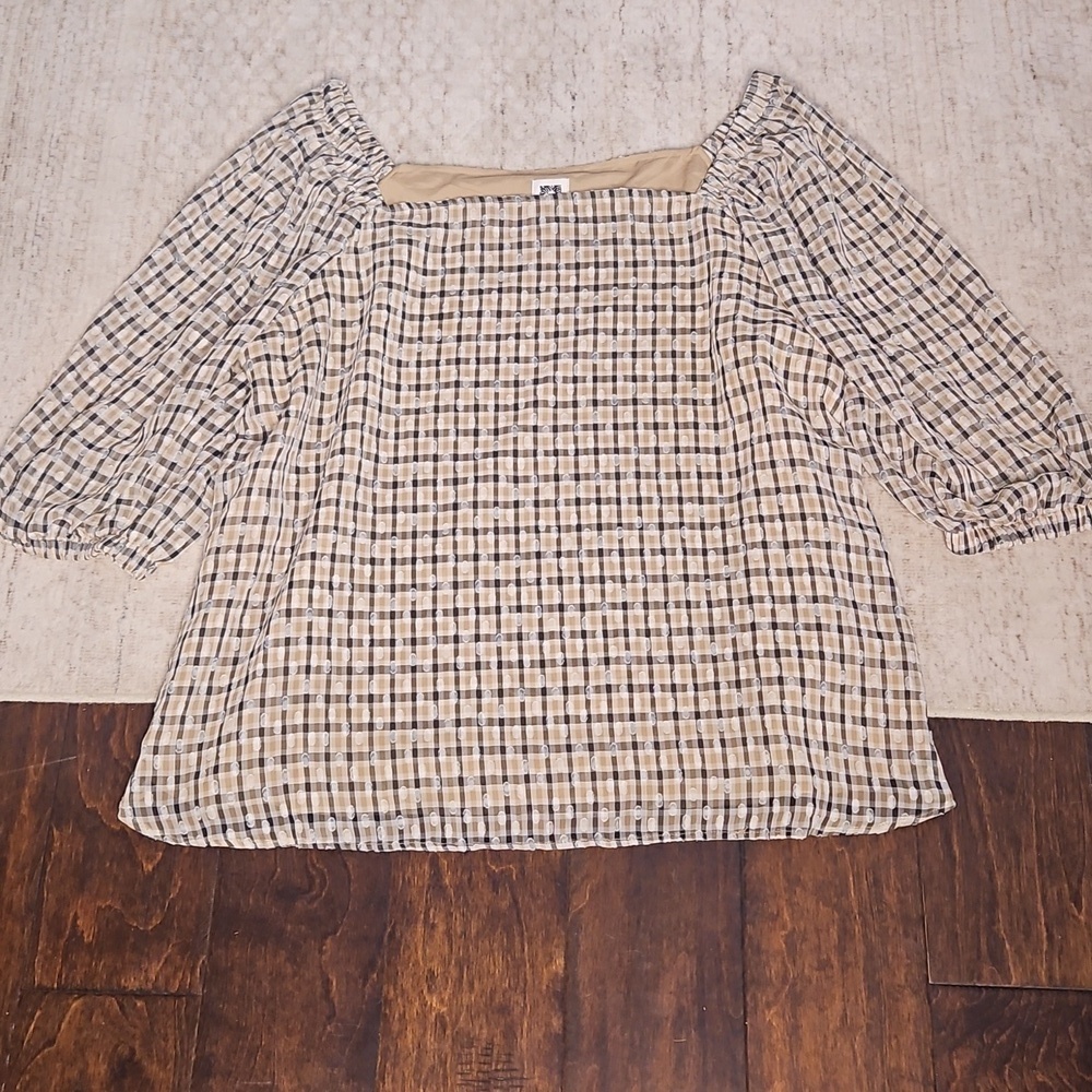 Ann Klein Plaid Popover With Side Slits In Bisqueware Light Coffee Combo - Picture 5 of 12